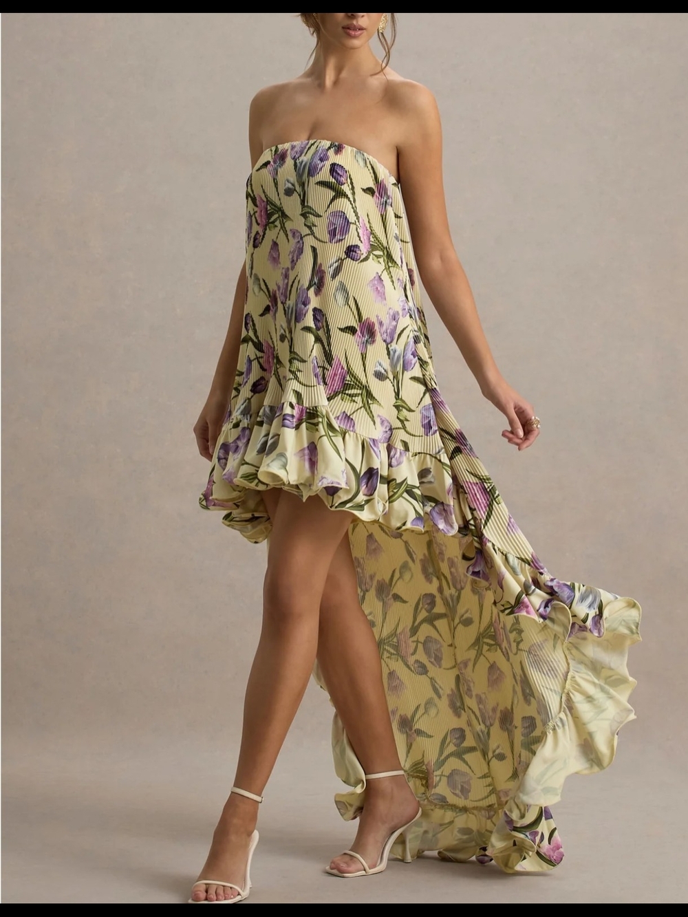 Club L London Strapless High-Low Dress in Pale Yellow with Purple Floral Print
